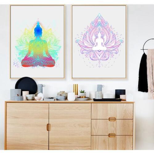 Sitting Buddha With Lotus Flower Wall Art Print And Poster , Buddha Face With Mandala Wall Pictures Canvas Painting Home Decor