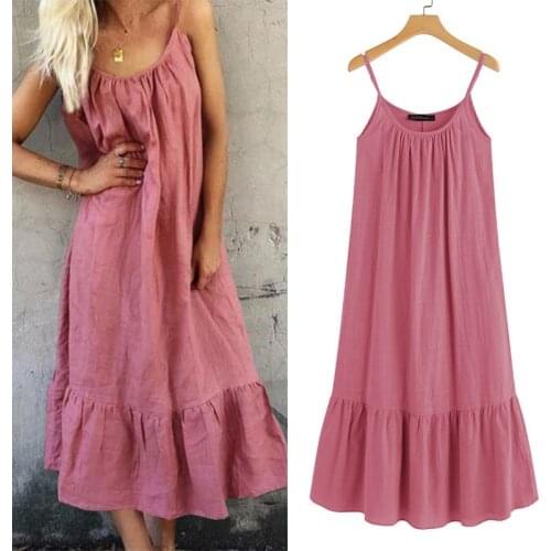 Bohemian Solid Ruffle Dress Womens Summer Sundress ZANZEA Casual Spaghetti Strap Midi Vestidos Female Holiday Robe