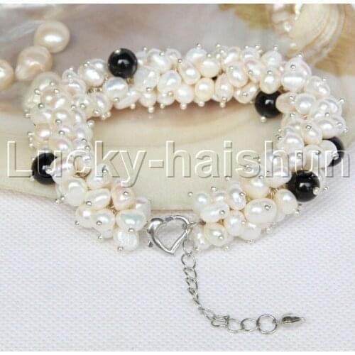 JQHS Adjustable Handmade Baroque Gray freshwater pearls black agate Beaded bracelet j11772