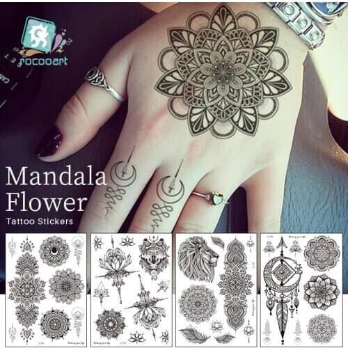 Rocooart Black Henna Arm Tattoo Mandala Flower Temporary Tattoos For Female Girls Sticker Fake Tattoo India Custom Tatoos