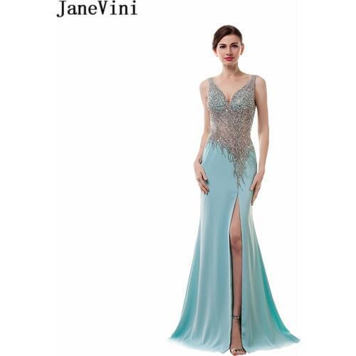 JaneVini Sexy High Split Crystal Beaded Long Bridesmaid Dresses V Neck Mermaid Satin Plus Size African Girls Pageant Prom Gowns