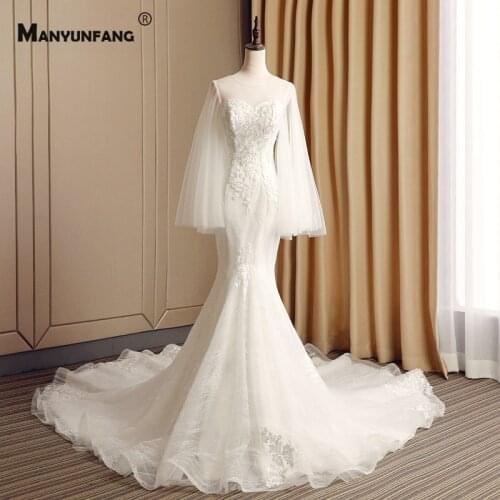 Custom Made Embroidery Appliques Tulle Chapel Train Mermaid Wedding Dress 2021 Hot Sale Flare Sleeve Lace Up Back Bridal Gown