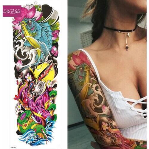 FULL SLEEVE ARM TEMPORARY TATTOO, ORIENTAL DRAGON, LOTUS FLOWERS, MENS, WOMENS