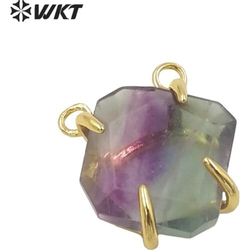 WT-P259 New! Amazing raw rainbow fluorite pendant with prong settings multi color optional, brass gold color stone pendants