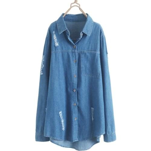 New Style Womens Korean Casual Lapel Distressed Hole Solid Denim Long-Sleeved Shirt Summer Clothes For Women