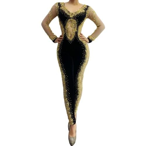 2021 Gold Rhinestone Long Sleeve Jumpsuit Bar Women Dance Backless Costume Birthday Evening Black Velvet Leggings
