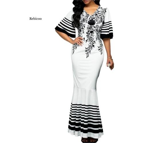 Summer Long Dress for Women Printed Stitching Long High Waist Short Sleeves V-Neck Plus Size 5Xl Fishtail Womens Dress New