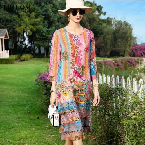 2021Spring Summer Fashion Large size Dress Ladies O neck Long Dresses 7-point Sleeve Womens Print Ruffles Dress Elegant Sundress