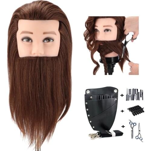100% Real Hair Male Mannequin Head with Hair Beard for Hairdressers Salon Hairdressing Male Training Heads for Cutting