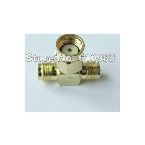 100 pcs\lot ) RP-SMA male to dual 2 RP-SMA female T connector adapter goldplated