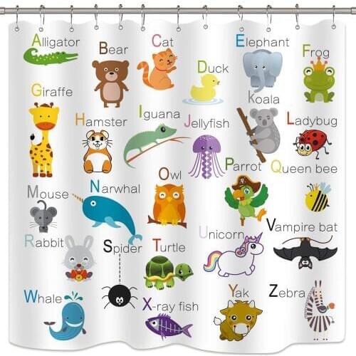 ABC Learning Alphabet Shower Curtain Kids Bathroom Decor Panel Funny Teaching Words