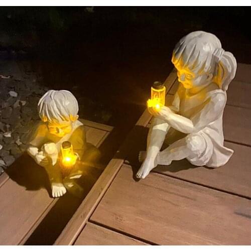Jar Boy Girl Luminous Figure Sculpture Solar Fireflies Resin Statue Garden Decor Art Sculpture Decoration Accessories