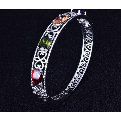 Bohemia Vintage Bracelet Geometric Pattern Hollow Design Inlay Oval Colorful Cubic Zircon Luxury Silver Jewelry For Women Gifts