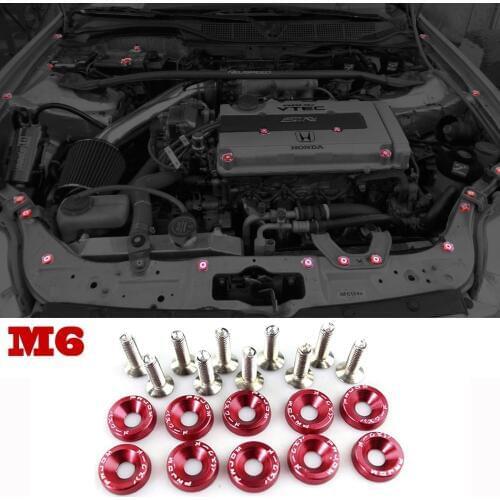 10PCS M6 JDM Billet Aluminum Fender Bumper Washer Bolt Engine Bay Decor Trim