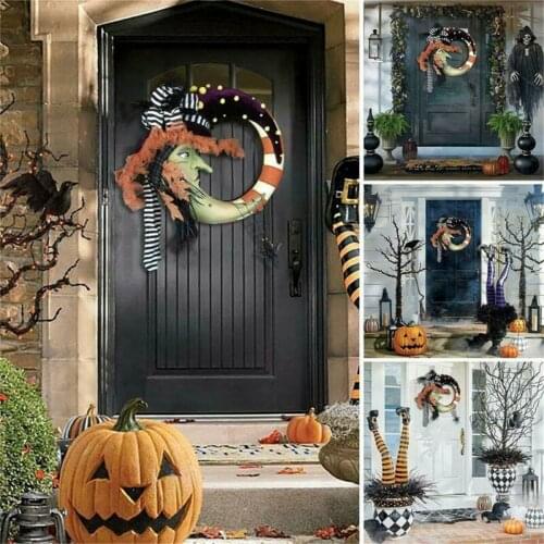 Halloween Witch Door Hanging Wreath Ornaments Moon Maple Holiday Party Decor