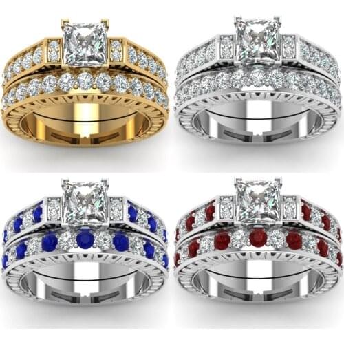 Exquisite Womens Jewelry Silver Color White Crystal Rings 1.8 Carat Princess Cut Crystal Bridal Wedding Engagement Ring Set