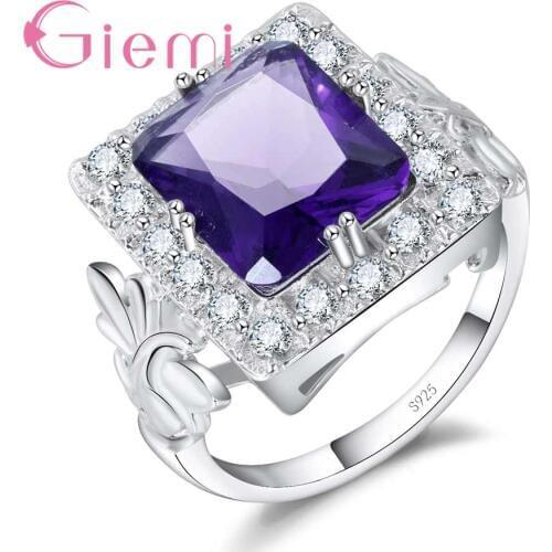 Vintage Wedding Jewelry Sparkly Square Cubic Zircon Jewelry Ring Noble Purple Color Women 925 Sterling Silver Fine Jewelry