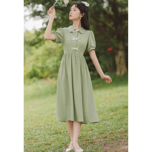Korean Fashion Kawaii Dress 2021 Summer Women Sweet Cute Doll Collar Bowknot Literary Puff Sleeve Vintage Dress