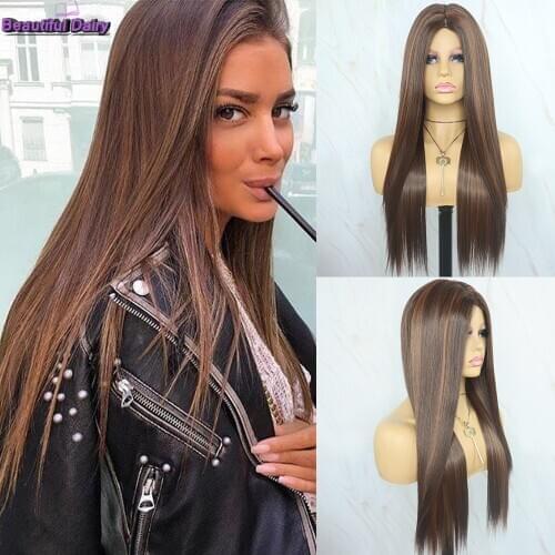 Beautiful Diary Silky Straight Ombre Synthetic Wigs For Women Highlight Brown Color Heat Resistant Synthetic Hair Wigs
