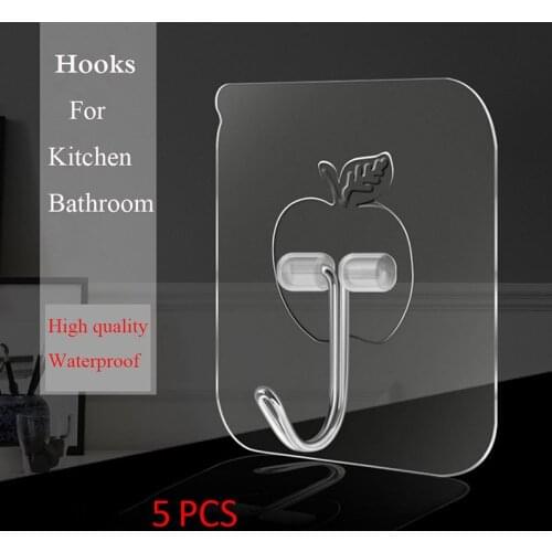 5/10Pcs Stainless Steel Adhesive Hook Apple Shape Transparent Waterproof Kitchen Bathroom Strong Sticking Wall Hooks Hanger