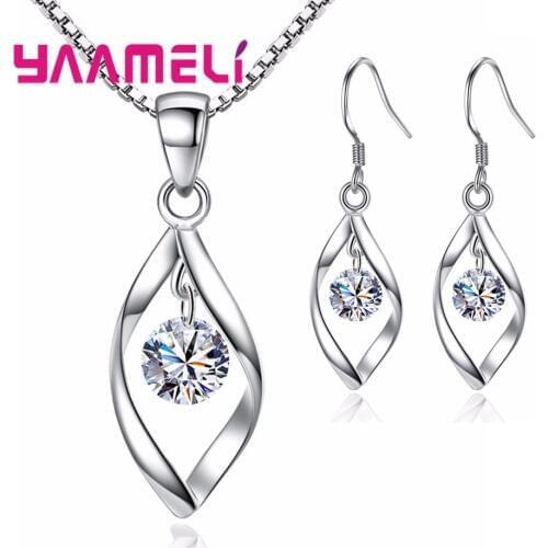 Fashion Shiny Rhinestones Necklace Earrings Women 925 Sterling Silver Jewelry Set Elegant Luxury Design New Wedding Jewelry Hot