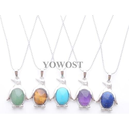 Natural Stone Cute Penguin Pendant & Necklaces Reiki Chakra Animal Shape Bead Opal Amethysts Crystal Jewelry Chain 45cm QBN391