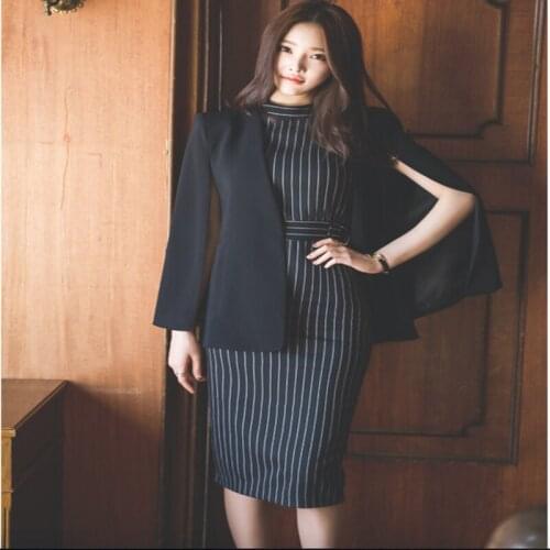 Autumn New OL Fashion Temperament Round Neck Slim Striped Hip Slim Bottoming Dress Women