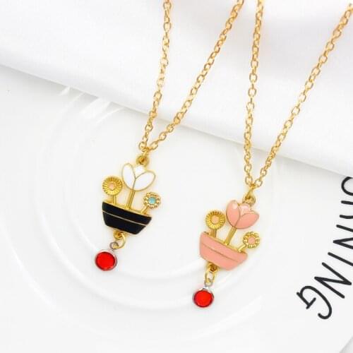 Flower pot Pendant Necklace Lovely potted plants Pink Black Fashion Necklace Gifts for friends