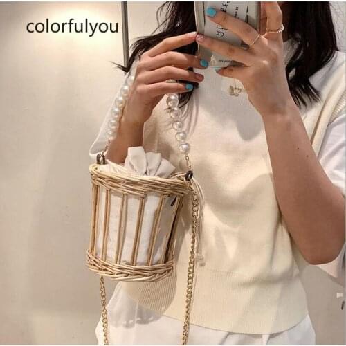 Rattan Weave Drawstring Bucket Bag for Women Pearl Chain Shoulder Bag and Handbag New Summer Small Beach Straw Crossbody Bags