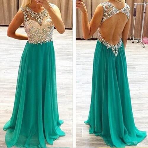 Simple green A Line Prom Dresses Jewel Neckline Crystal Beads Formal Evening Dresses Sexy Back Hollow Chiffon party Gowns