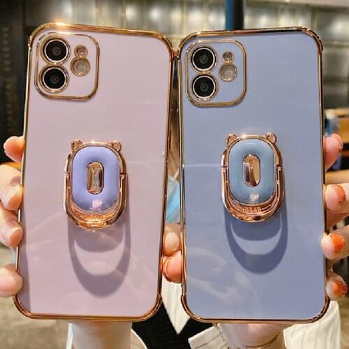 Luxury Ring Holder Stand Phone Case For iPhone 11 7 8 Plus Gold Plating Candy Color Soft Cover For iPhone 12 Pro Max X XS XR SE2
