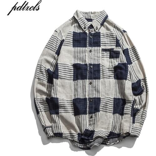 New Japanese Style Fashionable Brand Color Plaid Full Sleeve Thin Mens Shirts Hip Hop Autumn Casual Vintage Plaid Male Shirts