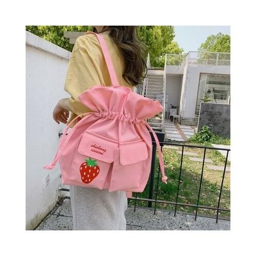 Korean Retro Mori Girl Harajuku Drawstring Schoolbag Lovely Strawberry Embroidery College Style Student Backpack Messenger Bags