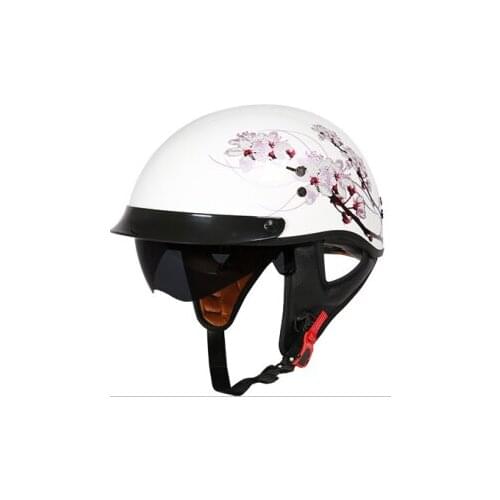 Fiberglass Inner Visor Motorcycle Helmet Vintage Scooter Half Face Helmet Retro Japanese Sakura Cherry Pattern Motorbike Helmet