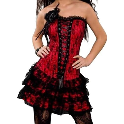 New style women sexy red black lace corset dresses full body overbust bustier corset with skirt gothic burlesque party corsets
