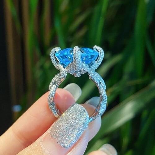 Luxury Geometry Ring Chain Design Inlay Square Blue Zircon 925 Silver Exaggeration Punk Jewelry For Women Wedding Cocktail Party