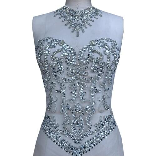 1Piece Handmade Silver Rhinestones Applique on Mesh Sewing Crystal Beads Full Bodice Patches for Wedding Dress High Quality