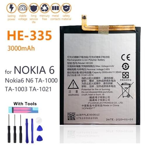 100% Real 3000mAh HE335 HE-335 For Nokia 6 Nokia6 N6 TA-1000 TA-1003 TA-1021 TA-1025 TA-1033 TA-1039 Phone Battery With Tools