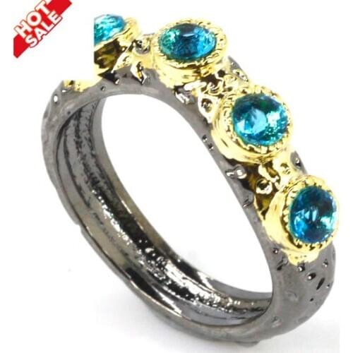 22x5mm Neo-Gothic Vintage Style Black Gold Silver Ring For Women Created Paris Blue Topaz Violet Tanzanite Punk Style