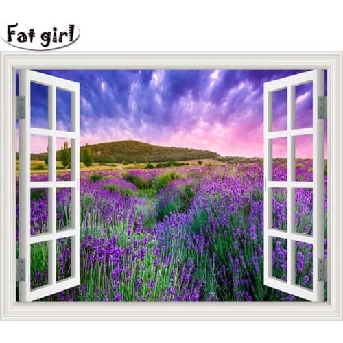 Diy diamond painting Purple Lavender window Landscape 5D square/round drill mosaic Colored clouds embroidery cross stitch gift