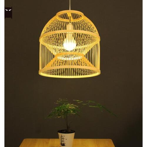 Bamboo Wicker Rattan Lampshade Pendant Light Fixture Handmade Japanese Rustic Hanging Lamp for Office Counter Hallway E27 Bulb