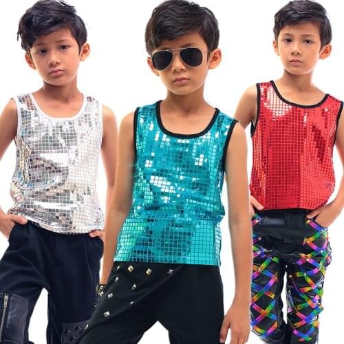 Shining Sequined Tops For Boys Jazz Performance Costume Kids Hip Hop Clothing Drum Street Dance Stage Wear Silver Vest DNV14083
