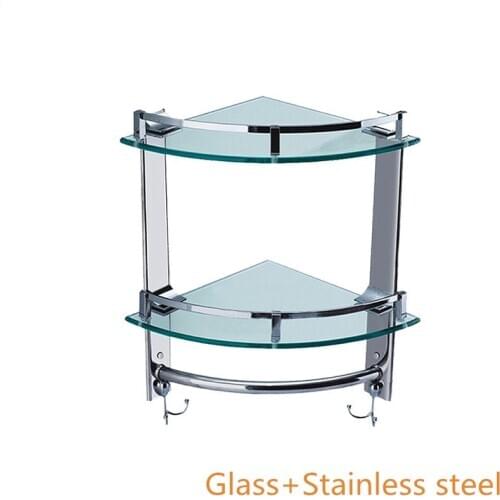 Bathroom double layer with hook glass shelf,Stainless steel wall mounted corner basket,storage rack,polished surface finishing