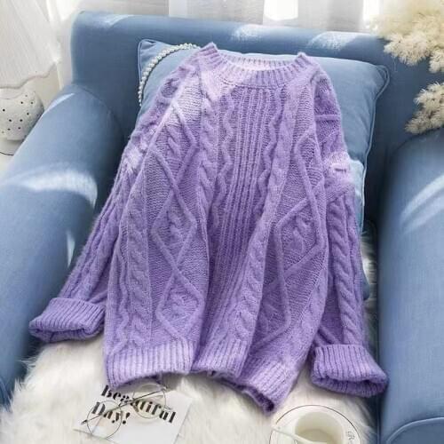 Western Style Purple Oversized Sweater Pullovers Womens Korean-Style Pullover Lazy Autumn Winter New Loose Thick Sweater G2057