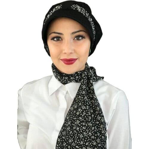 Islamic Fashion Muslim Women Hijab 2021 Trend Scarf Buckle Ready Sal Damson Siphon Black Polka Dot Scarf Hat Bone