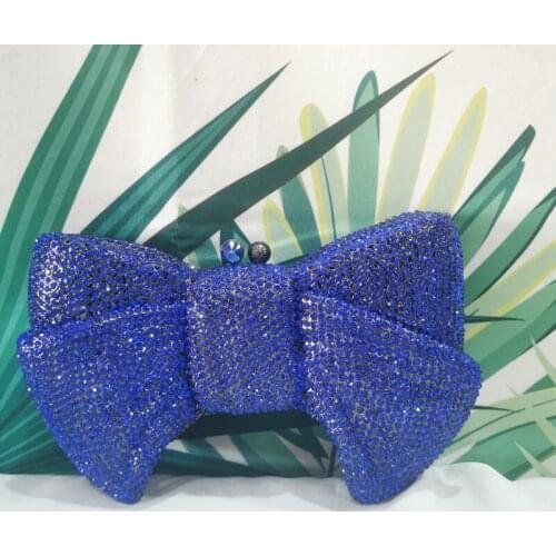 Blue Bow Shape Sweet Rhinestone Woman Evening Dinner Bag Lady Wedding Bridal Prom Crystal Clutches Purses Female Metal Handbags
