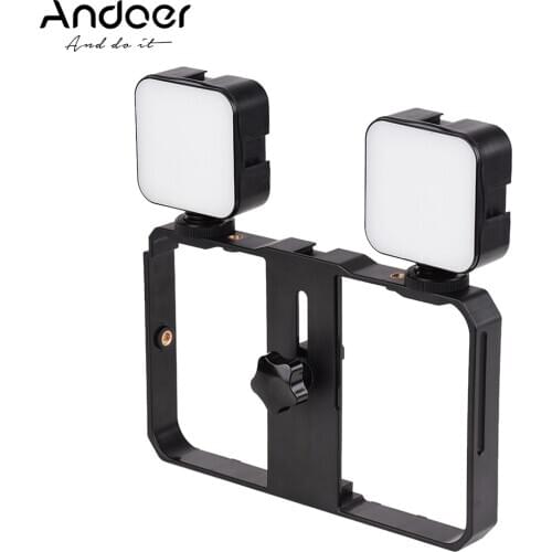 Andoer 2pcs Mini LED Video Light 5W Photography Fill-in Lamp 6500K Dimmable Handheld Smartphone Video Bracket Stabilizer Cage