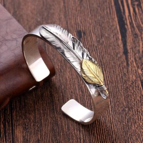 Men Bangle 100% Pure 925 Sterling Silver Feather Open Cuff Bangle&Bracelet Puck Classic Thai silver feather Bangles Jewelry