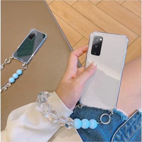 For Samsung S21 S20 S10 S8 S9 Plus Ultra S20 FE Note 8 9 10 20 Luxury Transparent Case Blue Bead Bracelet Anti-fall Soft Cover
