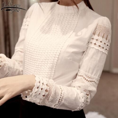 2021 New Women Casual Shirt Lace Hollow Sleeve Shirts Blusas Long Sleeve Chiffon Blouses Fashion White Tops Women Clothing 8H20